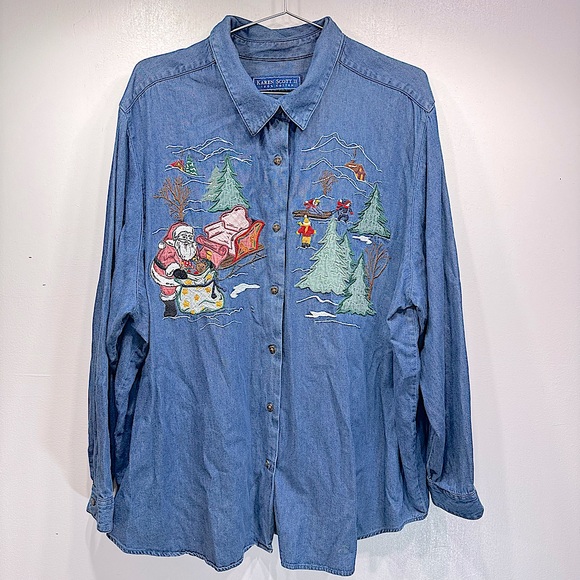 Vintage Christmas Winter & Santa Embroidery Denim Holiday Shirt Karen Scott 3X - Picture 1 of 7